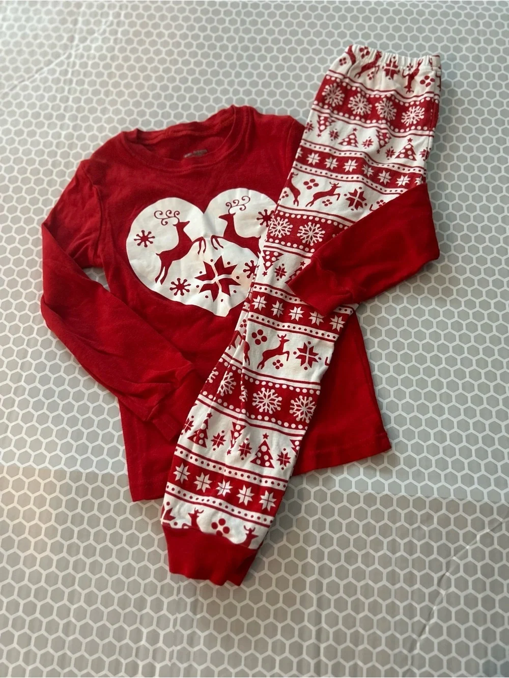Little Pajama Kids Red Holiday Reindeer Pajama Set Heart Graphic.Cotton Size 7